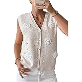 SweatyRocks Women's 3D Flower Button Down Sweater Vest Pearl Beaded V Neck Sleeveless Knitted Tops