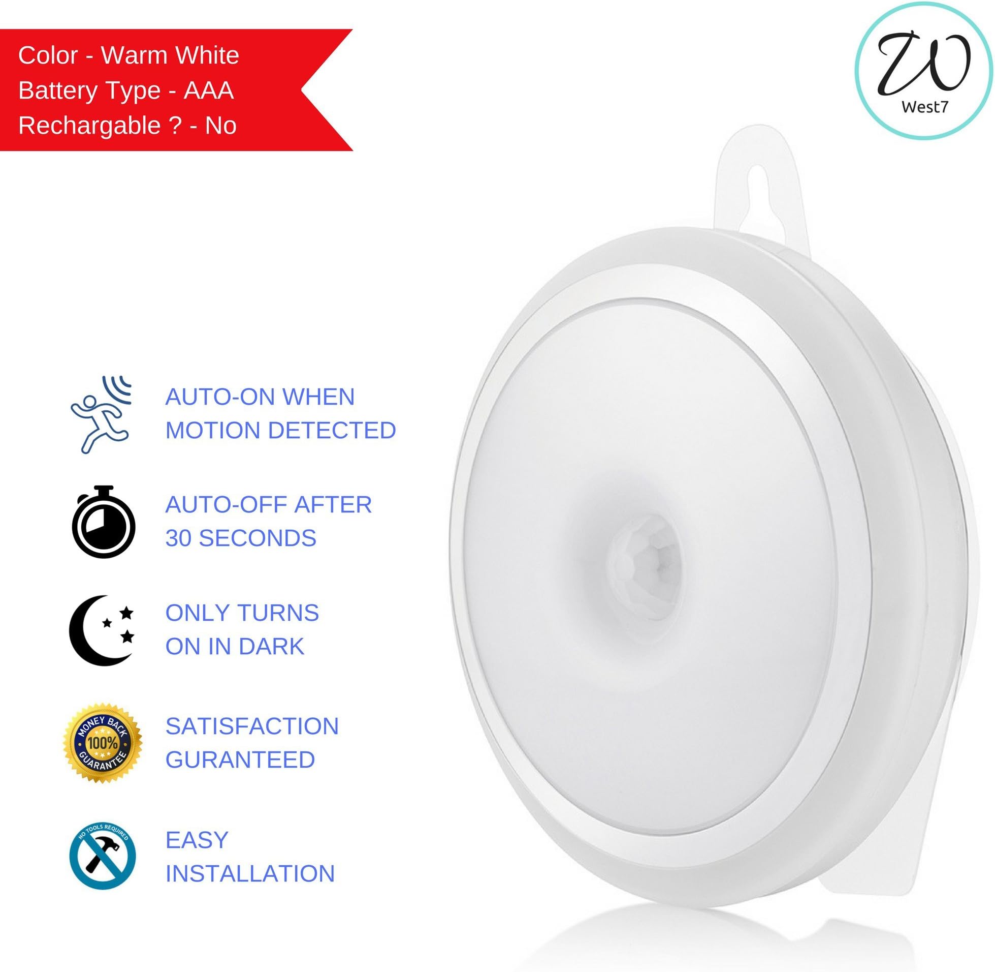 West7 Plastic Circular Motion Sensor Light Battery Powered LED Stick Anywhere Wall Nightlight for Entrance, Hallway, Basement, Garage (Warm White)