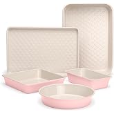 Paris Hilton 5-Piece Baking Pans Set, Nonstick Heart Pattern Bakeware Set with Heavy Duty Carbon Steel, Includes Square Pan, Round Pan, Loaf Pan, Roasting Pan &amp; Cookie Sheet, 5-Piece, Pink