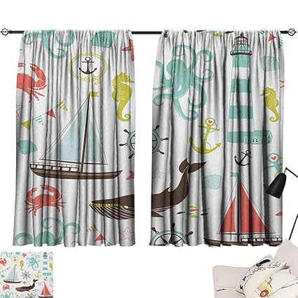 Nautical Curtains Pastel Colored Composition Of Lighthouse