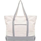 Gray Canvas Zippered Tote Bag - 22 Inches, Heavy-duty, Reusable, Washable, Foldable, and Multi-purpose 100% Cotton Canvas Tote Bag - Perfect for Beach, Library or Shopping (Gray)