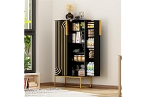 HOLTICO 46.5'' Accent Wood Kitchen Pantry with Doors, Storage Cabinet with Adjustable Shelves, Food Pantry Cabinet for Kitchen, Dining Room, Living Room and Garage, Metal Legs,Black