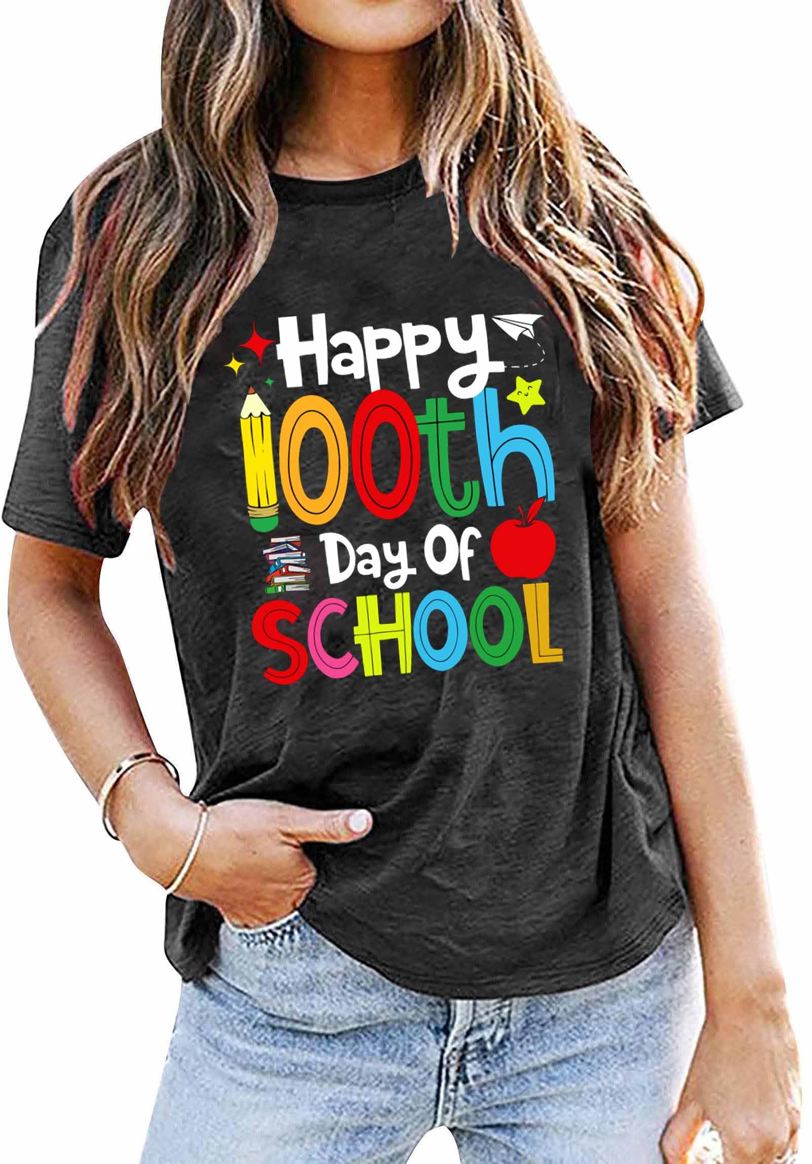 Photo 1 of 100 Days of School Shirt - Teacher Shirts Women Teach Print Graphic Tshirt Casual Inspirational Short Sleeve Tops Gray
