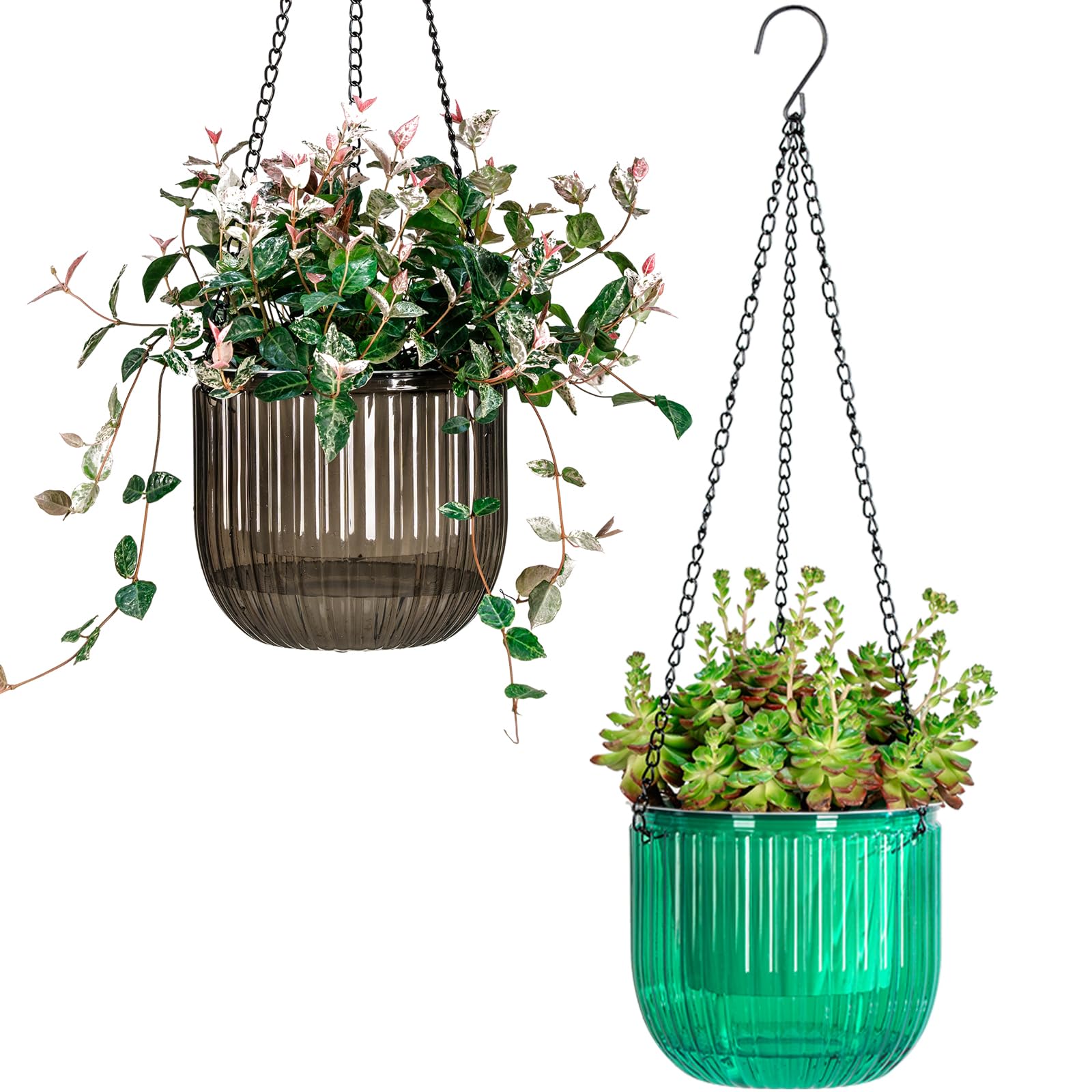 Josteve 6.5 Inch 2 Pcs Self Watering Hanging Planters Indoor Plant Pots with Drainage Holes, Outdoor Hanging Flower Pot Basket Visible Water Level, Plant Hanger Home Decor, Gardening (Emerald & Grey)