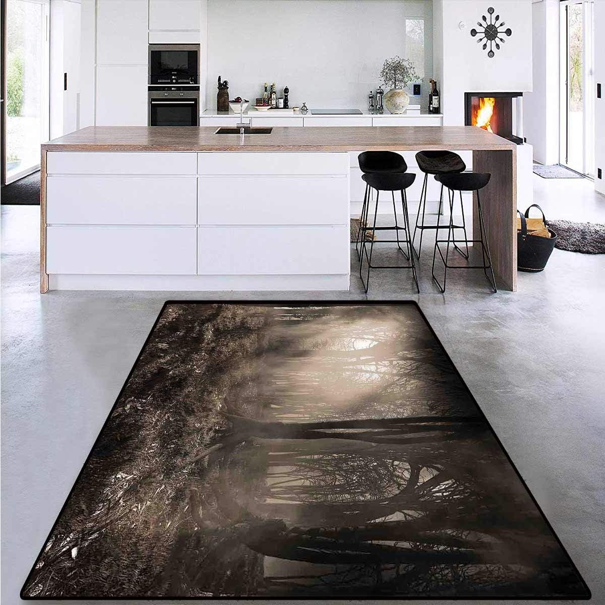 Gothic, Room Home Bedroom Carpet Floor Mat, Photo of Dark Forest Scenery with Sunbeams and Fog Vintage Nostalgic Colors Fantasy Art, Area Rug Extra Large 6' x 7' Brown