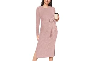 guruixu Crewneck Maternity Sweater Dress Rib Knit Long Sleeve Slit Pregnancy Dress Clothes with Belt