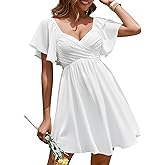Florboom Women's Wrap Sweetheart Neckline Chiffon Dress Short Sleeve Tie Back Aline Mini Dresses