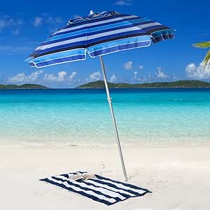 Bayside-21 6.5 ft Beach Umbrella Sand Anchor with Tilt and Aluminium Shaft Vented Canopy Fabric Carry Bag Included Blue Stripe