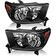 AS Headlight Assembly Compatible 2007-2013 Toyota Tundra Headlight Assembly Replacement for 07-13 Toyota Tundra /2008-2017 Toyota Sequoia Without leveling system with Black Housing Amber Reflector