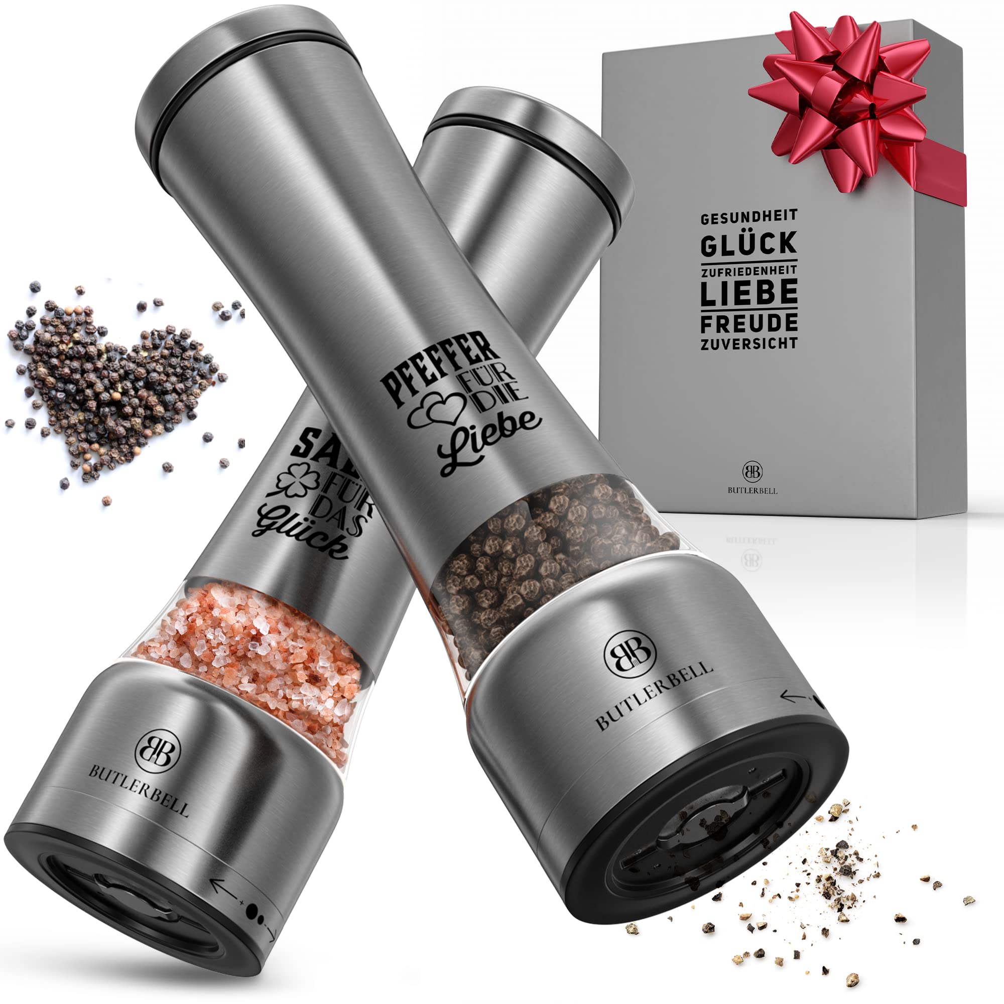 BUTLERBELL® Salz und Pfeffermühle mit Keramikmahlwerk | Gewürzmühlen Set | Hochzeitsgeschenke für Brautpaar