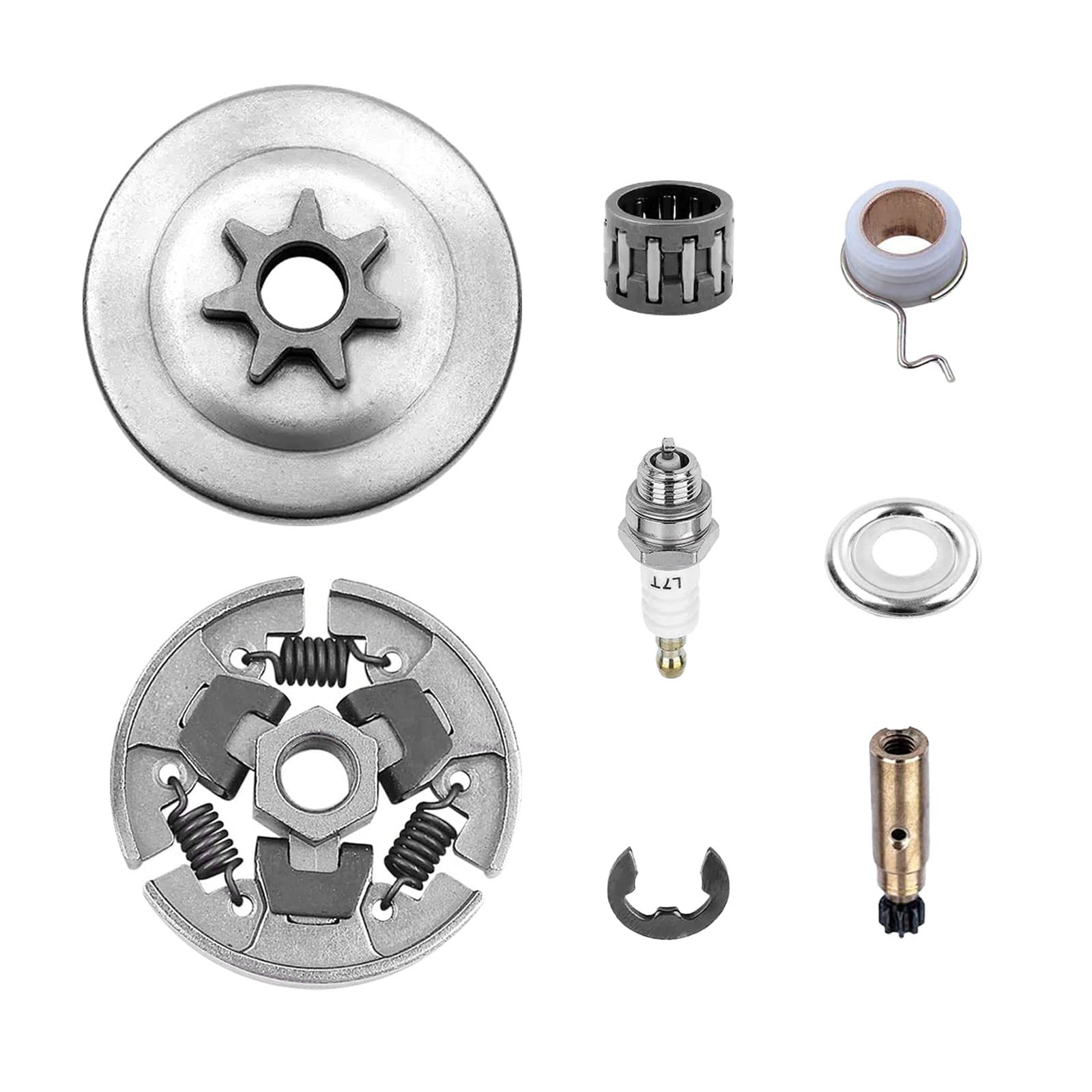 3/8"-7T Sprocket Clutch Drum Kit for Stihl 017 018 MS170 MS180 021 023 025 MS210 MS230 MS250, Sprocket + Clutch Drum + Sprocket Bearing + Worm Gear + Washer + E-Clip + Spark Plug Needle Bearing Kit