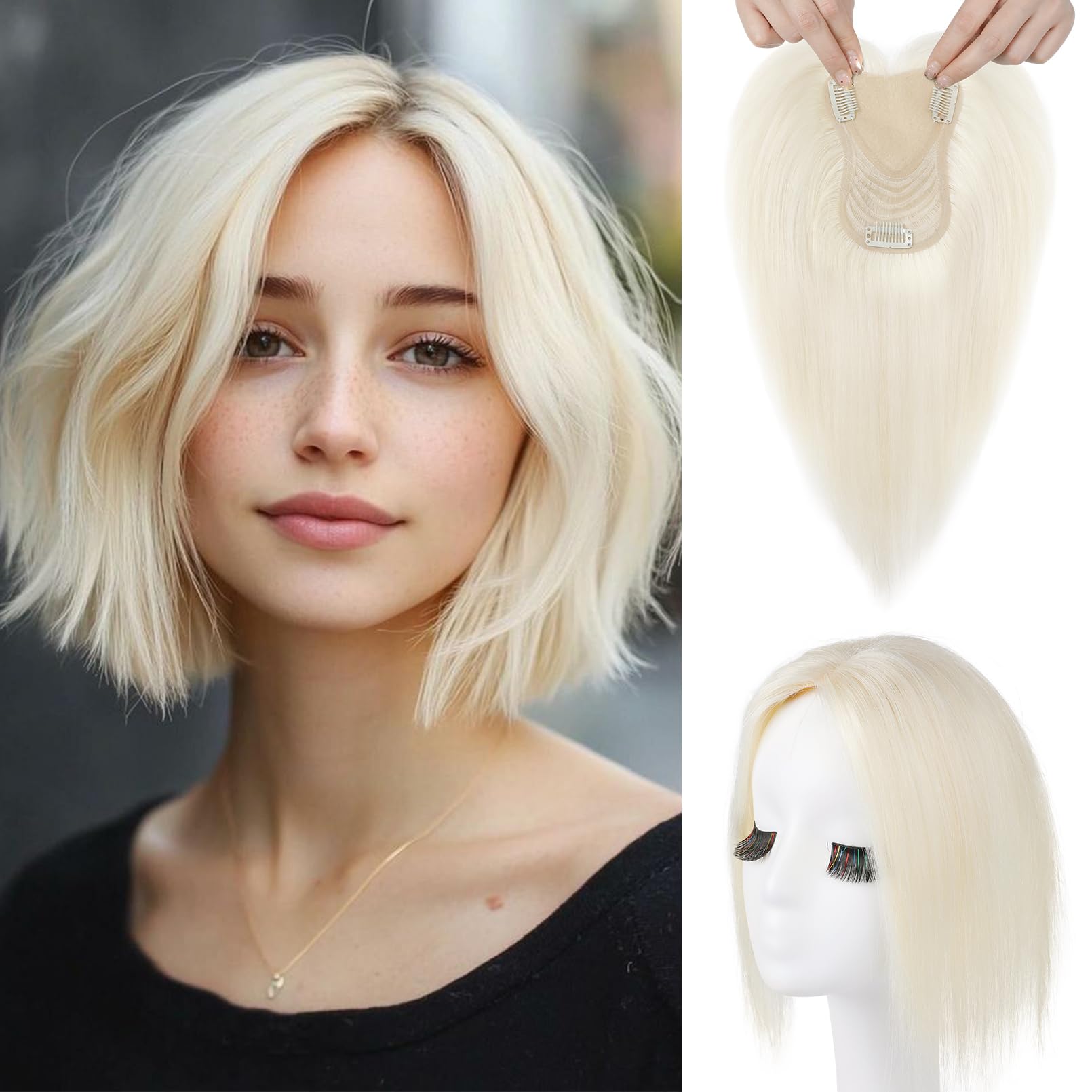 Photo 1 of REECHO Human Hair Toppers for Women Real Human Thick Hair Topper Invisible Wiglett for Daily Wear Adding Instant Volume, White Blonde