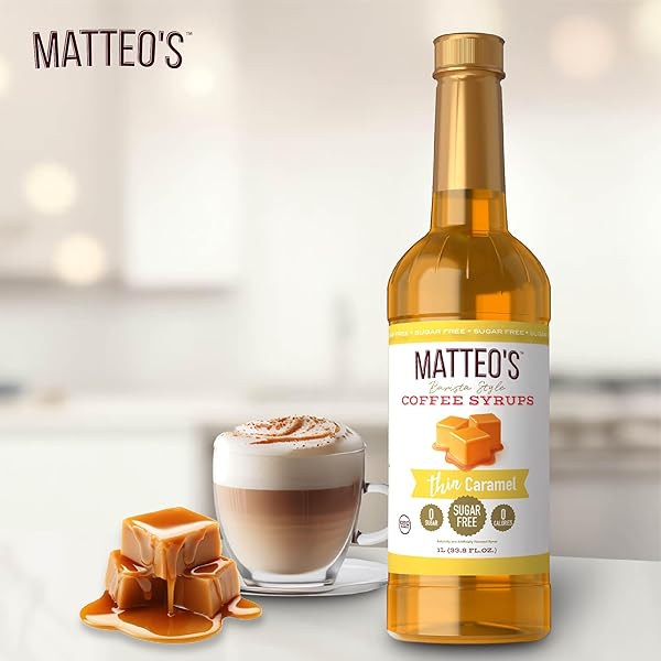 MATTEO’S CARAMEL SYRUP FOR COFFEE, LATTES, CAPPUCCINOS & DESSERTS – SUGAR-FREE SWEETENER FOR BEVERAGES, KETO FRIENDLY, ZERO CALORIES, INDULGENT FLAVOR, NON-ALCOHOLIC, IDEAL FOR COFFEE 33.8OZ (1PK)