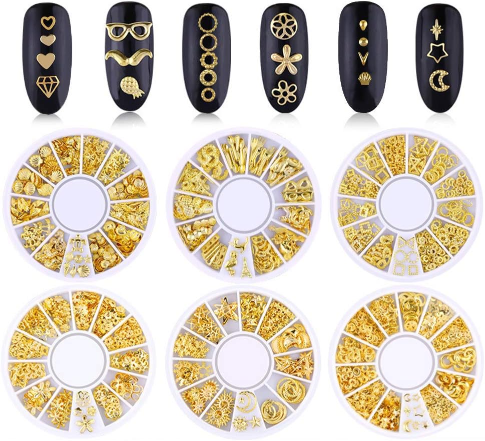 Kalolary Metal Nail Studs, 3D Punk Stripe Heart Nest Mordern Hollow Out Star Moon Floral & Plants Rivet Gems Punk Nail Art Jewels DIY Decoration