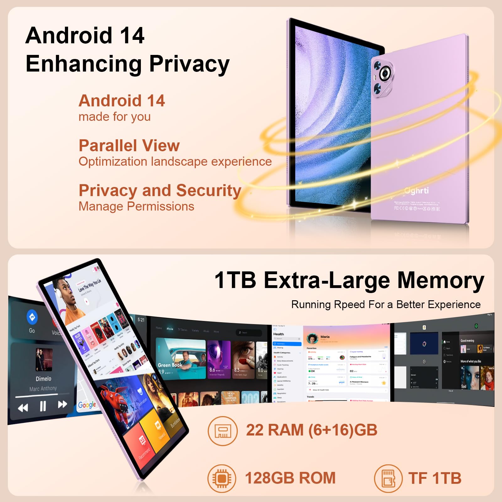 Dghrti 2025 Android 14 Tablet, 22GB RAM+128GB ROM+1TB Expand, 8000mAh Battery, 10.1 Inch Touchscreen, Octa-Core CPU, 2-in-1 Tablet with Keyboard&Mouse, Support BT5.0, GPS, WiFi - Purple
