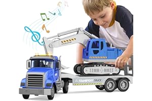 DOWELLIN Transports Trucks Kids Toys, 22" Large Semi Truck Toy Carrier and Excavator Truck with Sound&Light,Friction Powered Cars Toys Birthday for Boys Girls 3 4 5 6 7 8