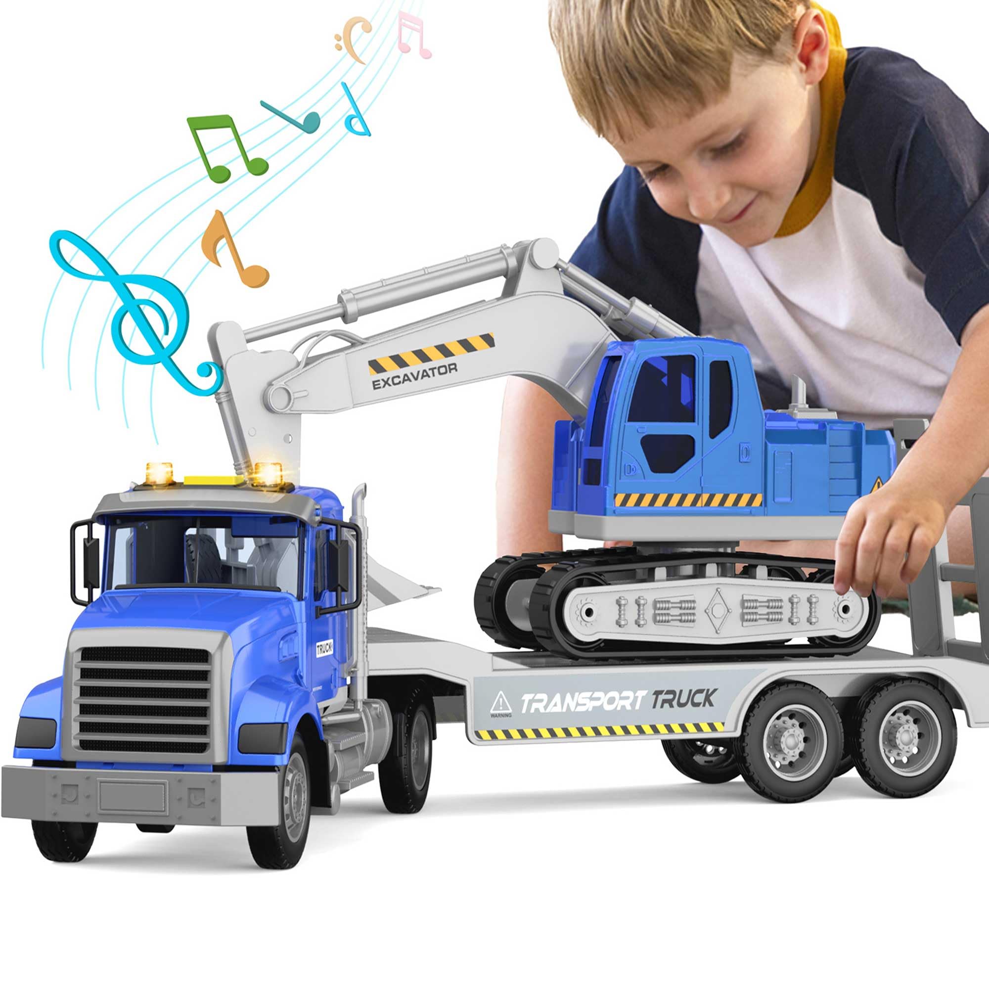 Photo 1 of DOWELLIN Transports Truck Kids Toys, 22" Large Semi Truck Toy Carrier and Excavator Truck with Sound&Light, Cars Toy for Boys Girls 2 3 4 5 6