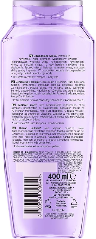 L'Oréal Paris Champú hidratante Elvital para cabello brillante y saludable, con ácido hialurónico para un impulso hidratante, Hydra Hyaluronic, 400 ml