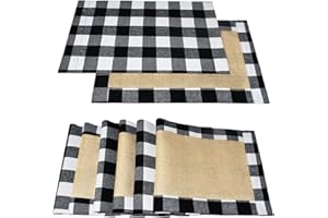 Senneny Set of 6 Christmas Placemats Buffalo Check Placemats Black White Plaid Reversible Burlap & Cotton Placemats for Christmas Holiday Table Home Decoration