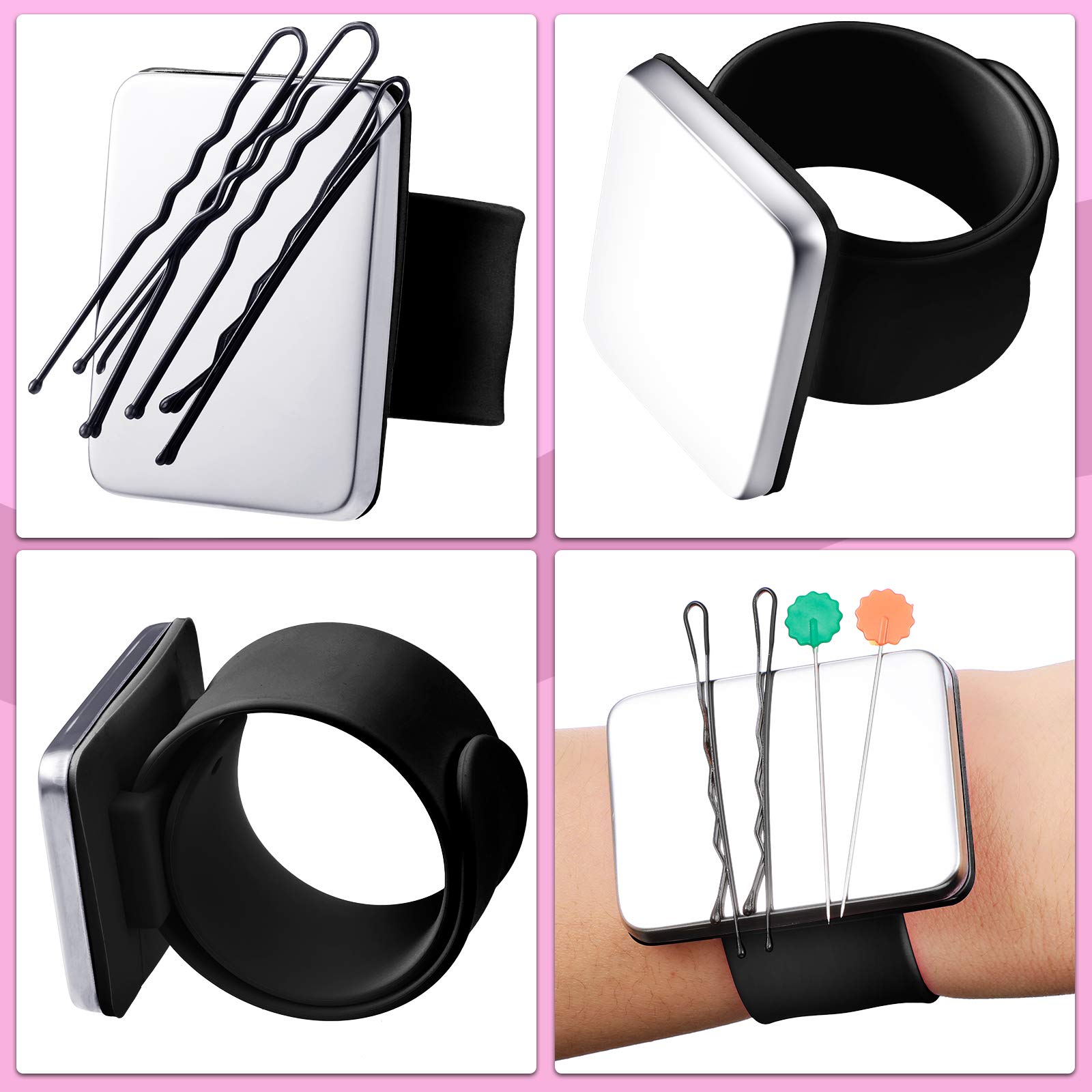 Magnetic Silicone Wrist Strap Bracelet Magnetic Bobby Pin Hair Clips Bracelet Magnetic Wrist Sewing Pincushion with 2 Hair Parting Comb, 72 Pieces Hairpins for Quilting Sewing Pin Hair Clip (Black)