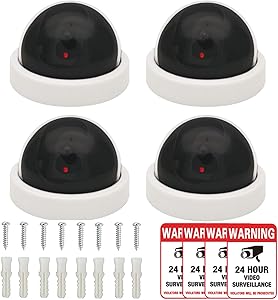 Fake Security Cameras, CCTV Dome Dummy Camera with Realistic Flashing LED Light for Home Security and Business Use, Indoor and Outdoor (Extra Safty Warning Stickers)