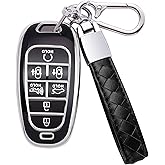 Kespevn for Hyundai Key Fob Cover 7 Button with Leather Keychain Soft TPU 360 Degree Protection Car Key Case Shell Holder Fits for 2023 2022 2021 2020 Hyundai Sonata Santa fe Tucson, Black