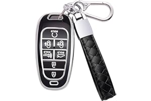 Kespevn for Hyundai Key Fob Cover 7 Button with Leather Keychain Soft TPU 360 Degree Protection Car Key Case Shell Holder Fits for 2023 2022 2021 2020 Hyundai Sonata Santa fe Tucson, Black