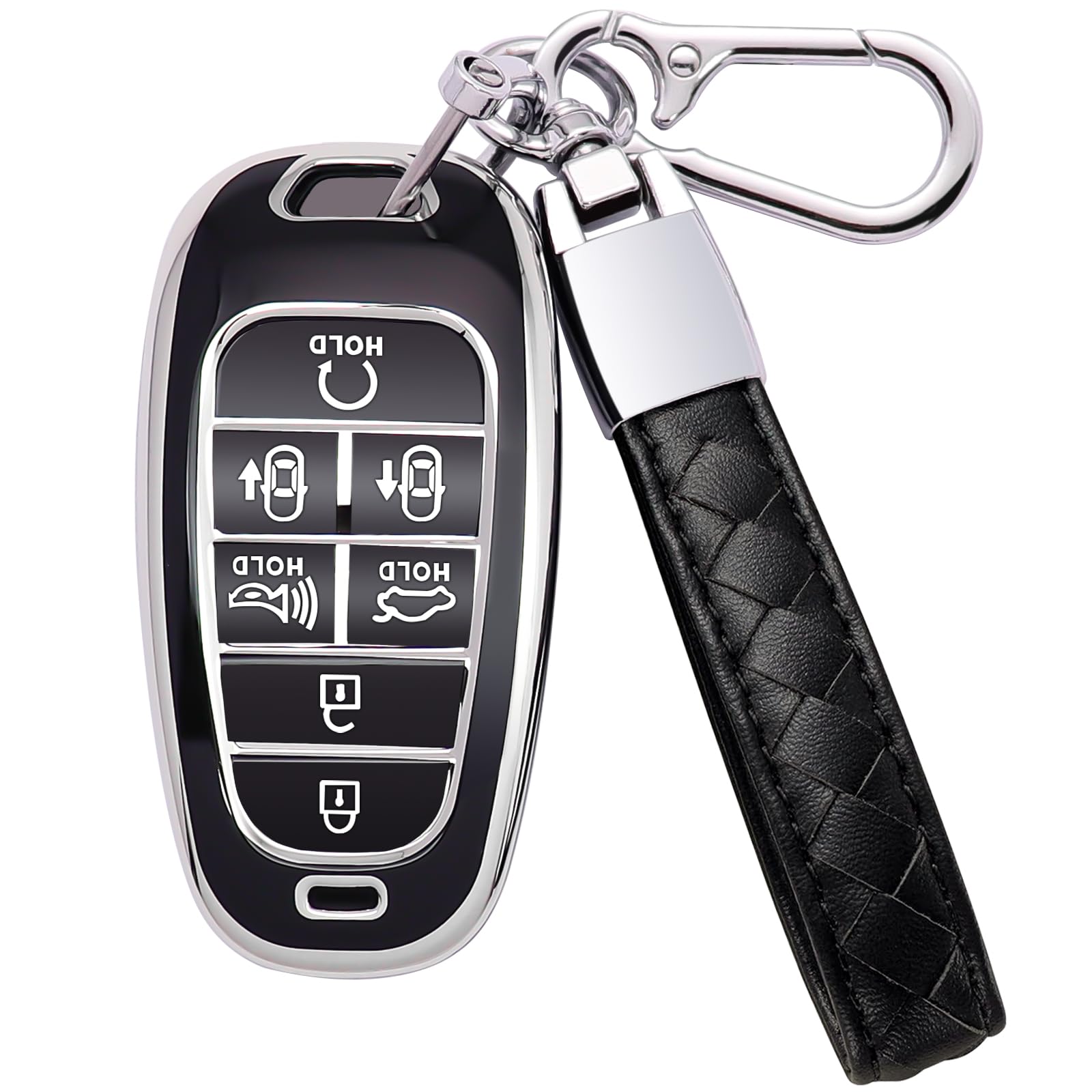 Photo 1 of Kespevn for Hyundai Key Fob Cover 7 Button with Leather Keychain Soft TPU 360 Degree Protection Car Key Case Shell Holder Fits for 2023 2022 2021 2020 Hyundai Sonata Santa fe Tucson, Black