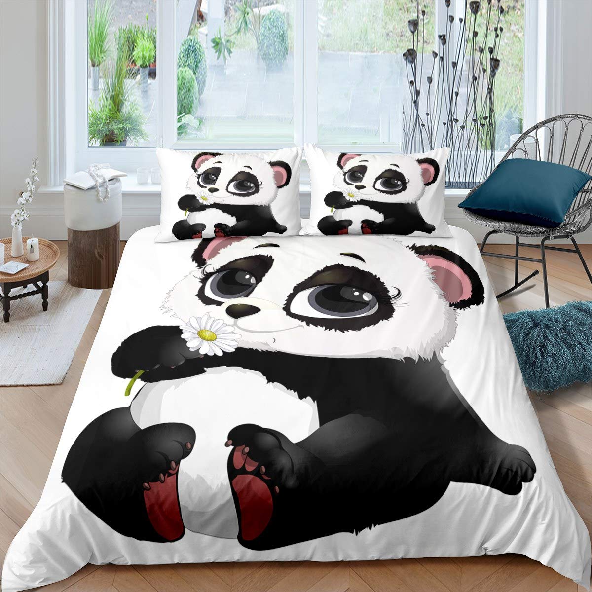 Panda Bedding Set for Kids Teens Cute Animal Pattern Comforter Cover Boys Girls Cartoon Giant Panda Duvet Cover Bear Printed Wildlife Bedspread Cover Bedroom Decor 3Pcs Double Size