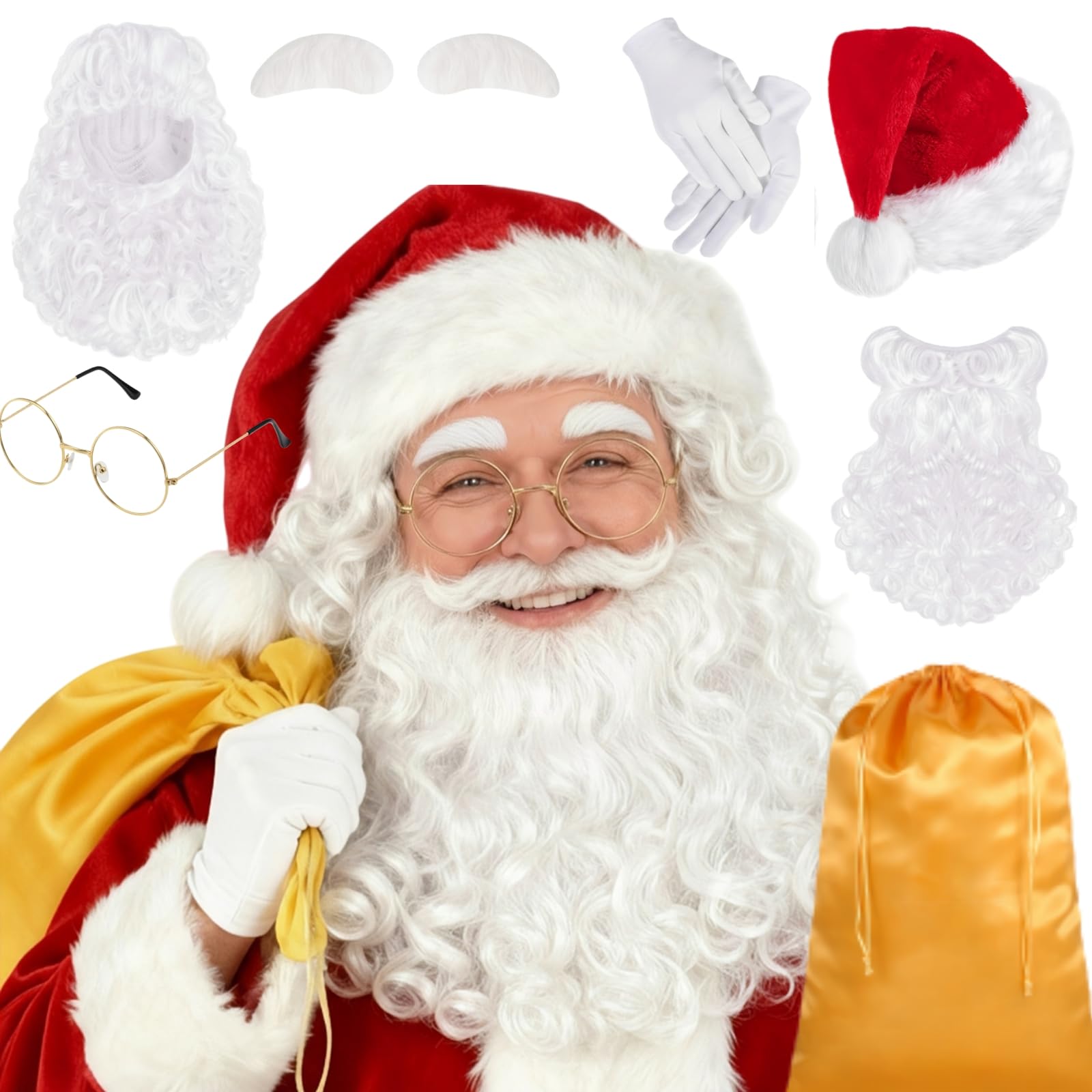 SATINIOR Christmas Santa Costume Set Includes Christmas Santa Hat Beard Wig White Gloves Glasses Present Bag for Xmas Costume (Gold Bag)