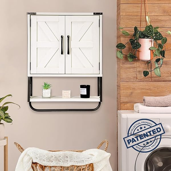 RUSTOWN FARMHOUSE MEDICINE CABINET WITH 2 BARN DOOR, WOOD WALL MOUNTED STORAGE CABINET WITH ADJUSTABLE SHELF AND TOWEL BAR, 3-TIER BATHROOM CABINET FOR BATHROOM, LIVING ROOM(VINTAGE WHITE, MEDIUM)