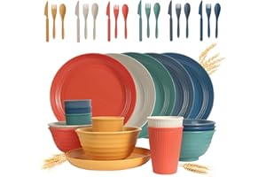 Wheat Straw Dinnerware Sets - SGAOFIEE 36 Piece Unbreakable Dinnerware Sets, Reusable Wheat Straw Plates and Bowls Sets, Travel Camping Cutlery Set, Dishwasher Microwave Safe Dinnerware