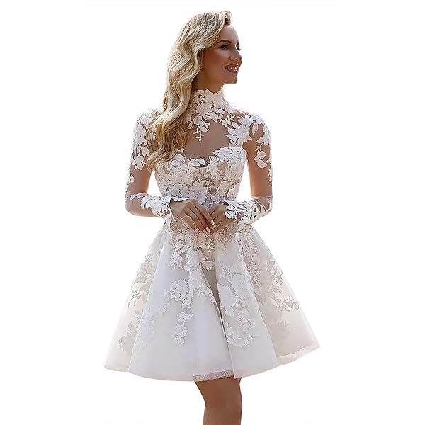 Beach Bridal Dresses A-line Lace Tulle Tea Length Wedding Gowns with  Sleeves Ivory 2 at Amazon Women's Clothing store