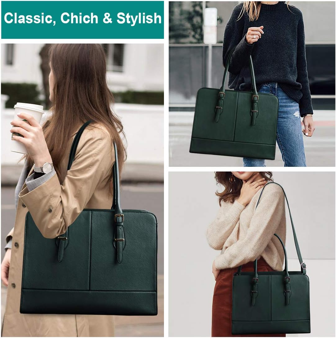 Women Laptop Bag Leather Work Tote 15.6 Inch Laptop Computer Bag Business Shoulder Messenger Bag (DeepGreen): Electronics
