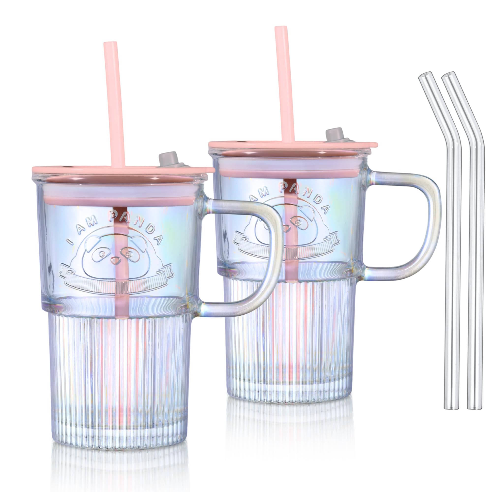 Joeyan 430ml Iridescent Glass Tumbler with Straws and Lids, Cute Glass Mug Iced Coffee Cup with Handle Set of 2, Colored Glasses Drinking Jar for Smoothie Matcha Coffee Tea Juice Beverages