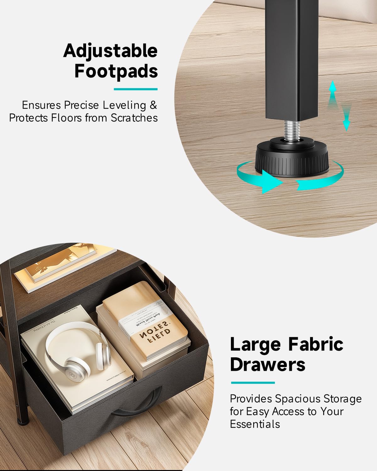 Lazzanto Mesita de noche con cargador para dormitorio, mesita de noche con estación de carga y tira de luz LED, mesita de noche con estante de almacenamiento y 2 cajones de tela, mesa auxiliar moderna con puertos USB y salidas de CA