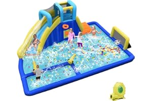 HONEY JOY Inflatable Water Slide, Giant Water Park Bounce House w/Soccer Goals for Outdoor, Splash Pool, Climbing, Blow Up Wa