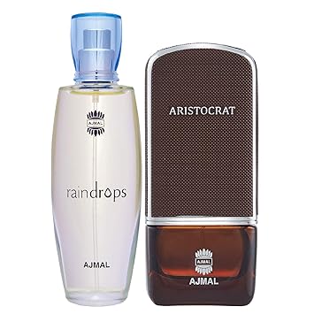 Ajmal Raindrops EDP Floral Chypre Perfume 50ml for Women and Aristocrat EDP Citrus Woody Perfume 75ml for Men + 2 Parfum Testers FREE