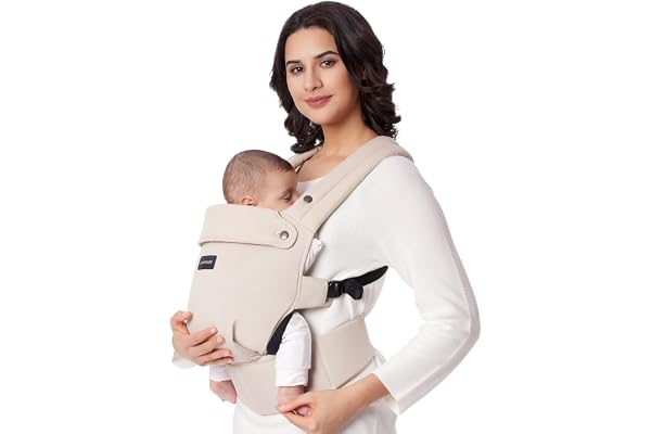 Momcozy PureHug Baby Carrier - Ergonomic, Cozy and Lightweight for 7-45 lbs | Easy to Put On, IHDI Hip-Healthy, 3D EVA Lumbar Support, X-Straps for Even Weight Distribution, 100% Cotton, Khaki