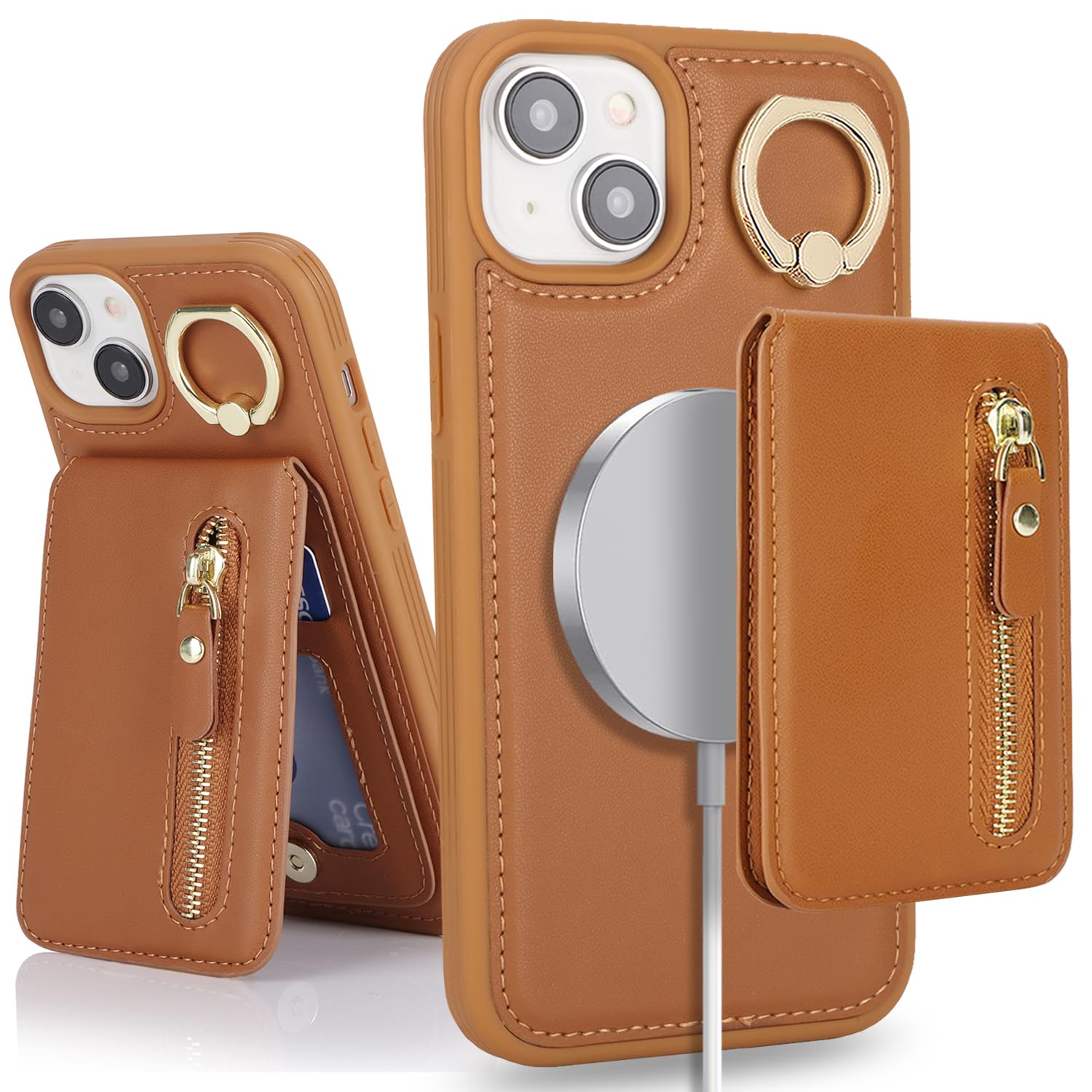 SailorTech iPhone 15 Phone Leather Case with Credit Card Holder Magsafe, iPhone 15 Case Ring Stand with Kickstand Card Slots Wallet Detachable 2-in-1 Zipper Case - Brown — image 1