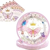 LDFDRT 50 Pack Paper Plates and Napkins Birthday Party Decorations 25 * 7in Dessert Plates & 25 * 6.5in Napkins Party Supplies (Butterfly)