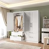 GarveeHome Wooden Armoire Wardrobe Closet with 2 Drawers, 70 in Tall Clothing Storage Cabinet with 2 Doors, Modern Bedroom Clothing Armoires with Hanging Rods, White