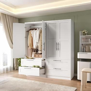 Armario Grande Con Cajones TIZZ 140x40x170 Cm - Armario Abierto Blanco Con Espacio De Almacenamiento (Derecha)