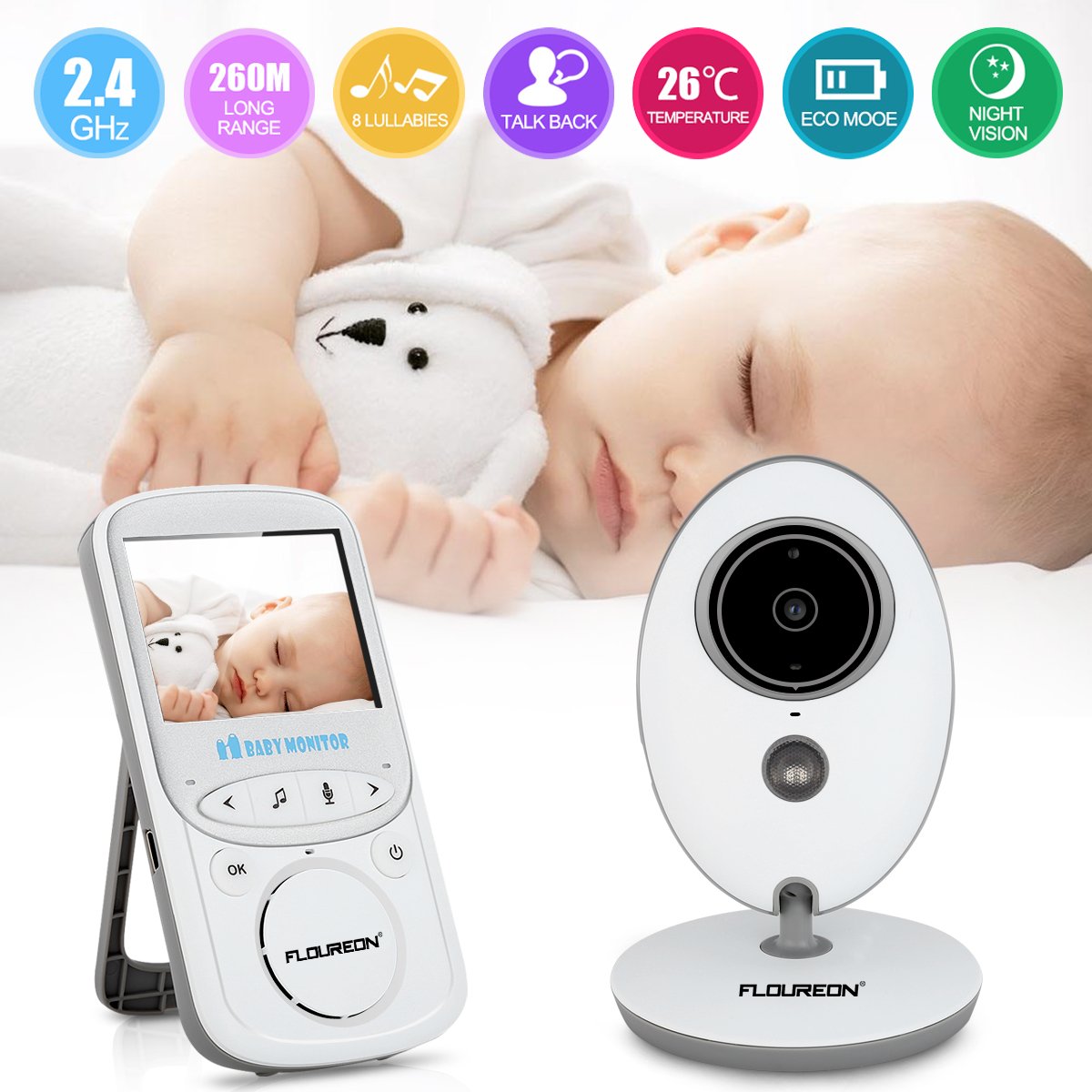 FLOUREON VB605-2.4\'\' monitor bebé digital inalámbrico, 2.4GHz LCD vídeo, cámara de seguridad, visualización de temperatura, diálogo bidireccional, visión nocturna