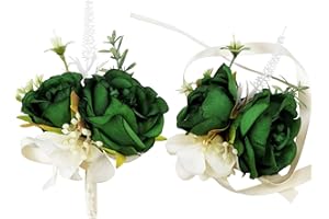 MAFELOE Wrist Corsage and Boutonniere Set for Groom Bride Groomsmen Bridesmaids Wedding Party Prom Suit, Artificial Flower Wrist Corsage Wristband Men Boutonniere - Dark Green 2Pcs