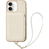 ZVE Compatible with iPhone 16 Case Wallet, Zipper Leather Card Holder with RFID Blocking and Detachable Wrist Strap for Women for iPhone 16, 6.1"-Beige
