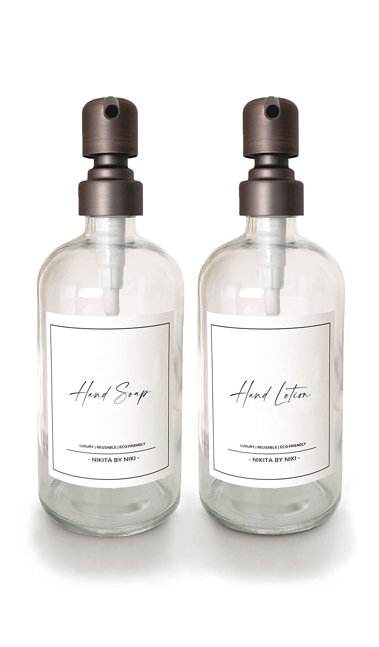 Clear Glass Soap Dispensers - Silver Stainless Steel Pump - Hand Soap and Lotion Dispenser Set - Glass Kitchen Soap Dispenser Set - 500ml - Bathroom Soap Dispensers - Waterproof Labels