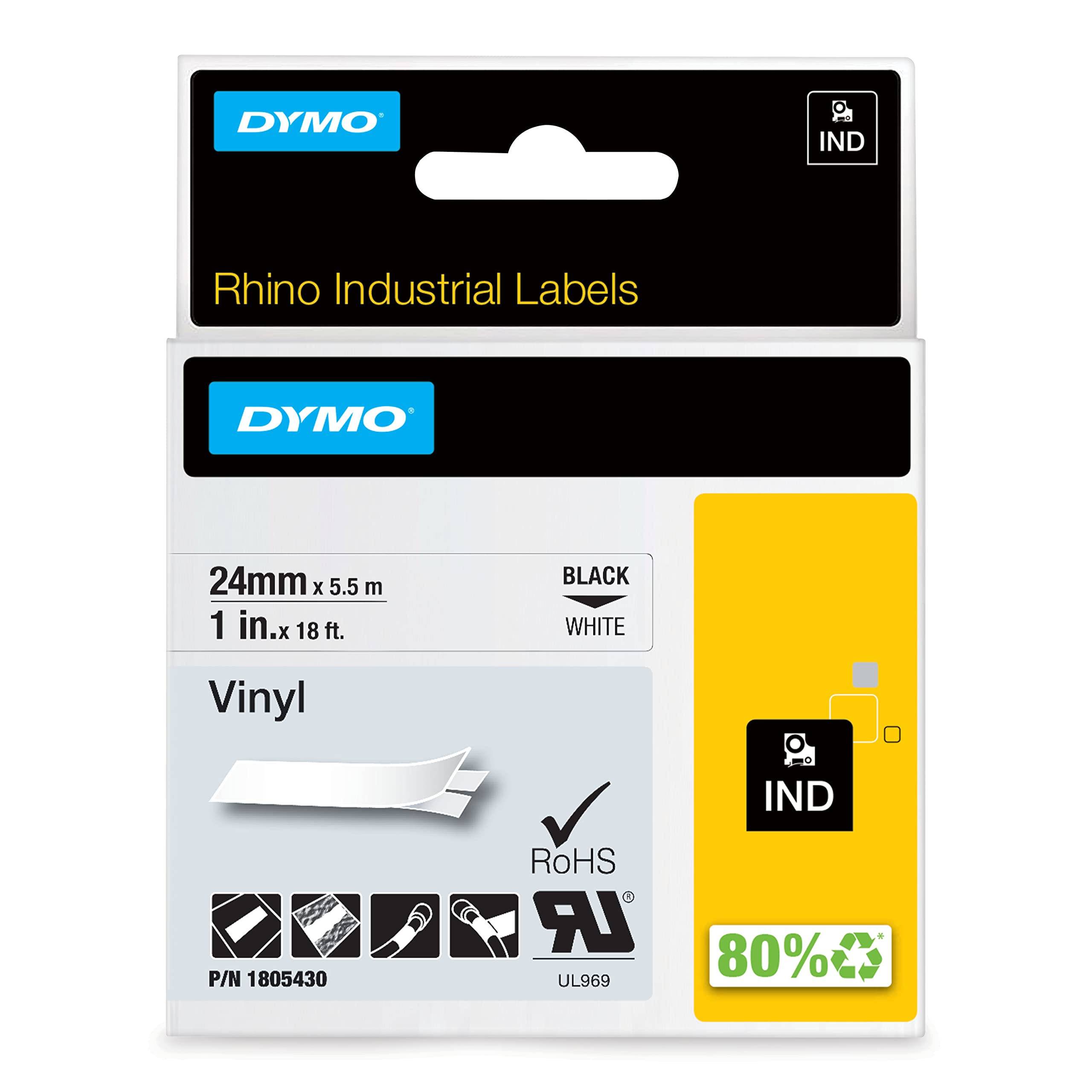 DYMO Rhino Industrial Vinyl Labels | 24 mm x 5.5m | Black Print on White | Self-Adhesive | for DYMO LabelManager & Rhino Label Makers