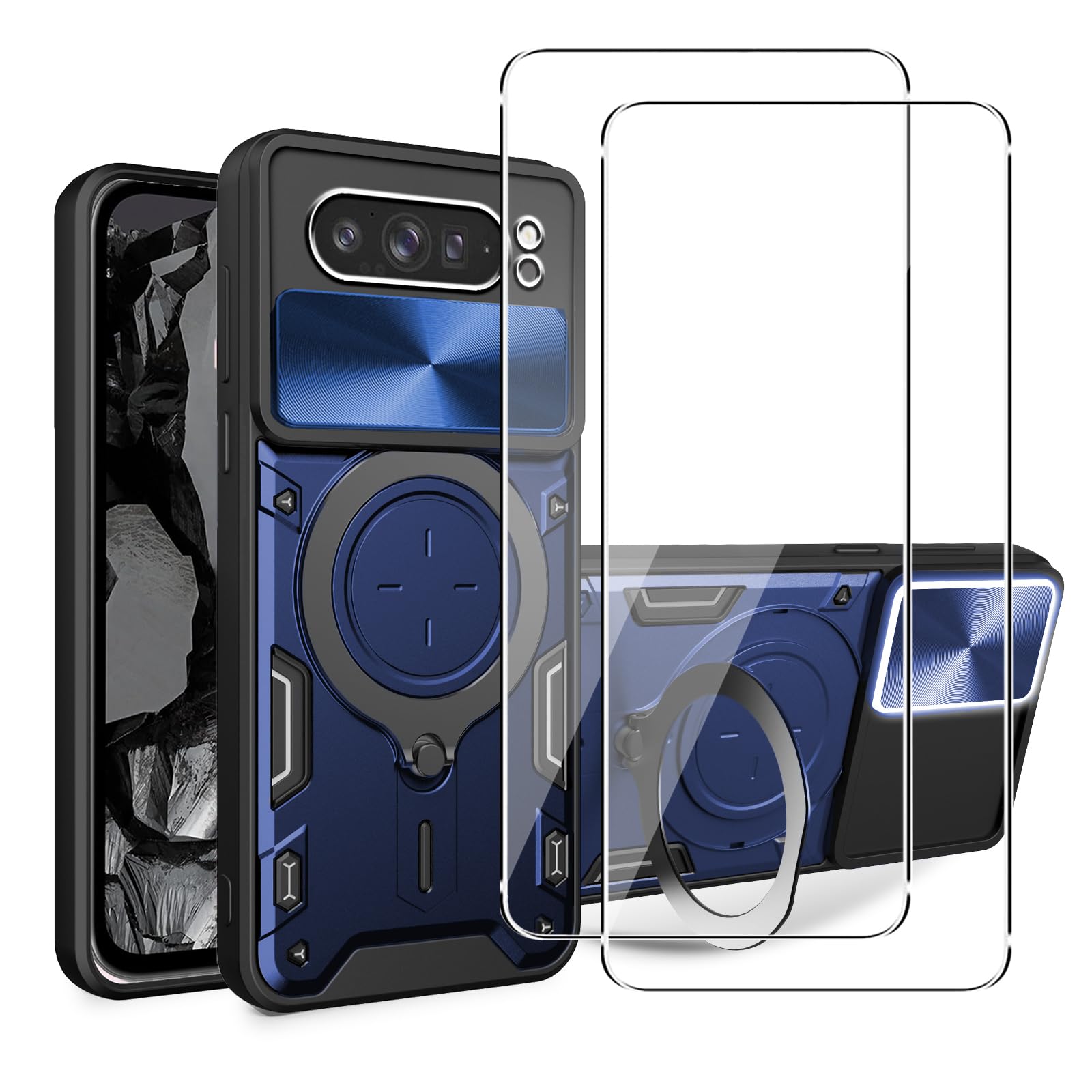 Case for Google Pixel 10 Pro XL/Pixel 9 Pro XL + 2 Pack Screen With Slide Camera Protection Cover,Magnetic Metal Ring Kickstand Shockproof Military Grade Heavy Duty Tough Cover,Blue