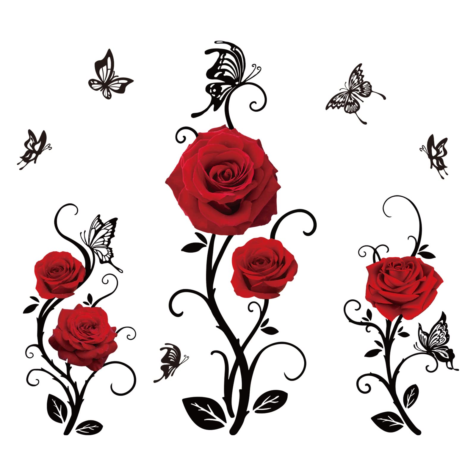 SUPERDANT Red Rose Wall Stickers Flowers Butterfly Wall Decals 2 Sheets Vinyl Art for Bedroom Living Room Sofa Backdrop TV Wall Decoration